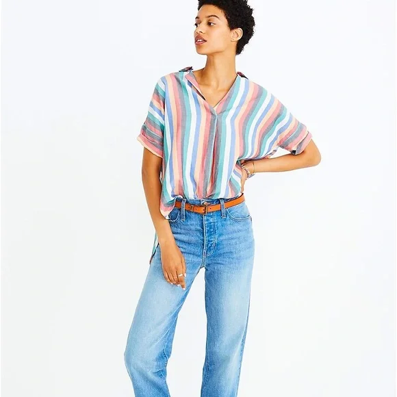 Madewell Rainbow Striped Collared Dolman Sleeve Button-Up Back Coattails Shirt - Picture 6 of 15